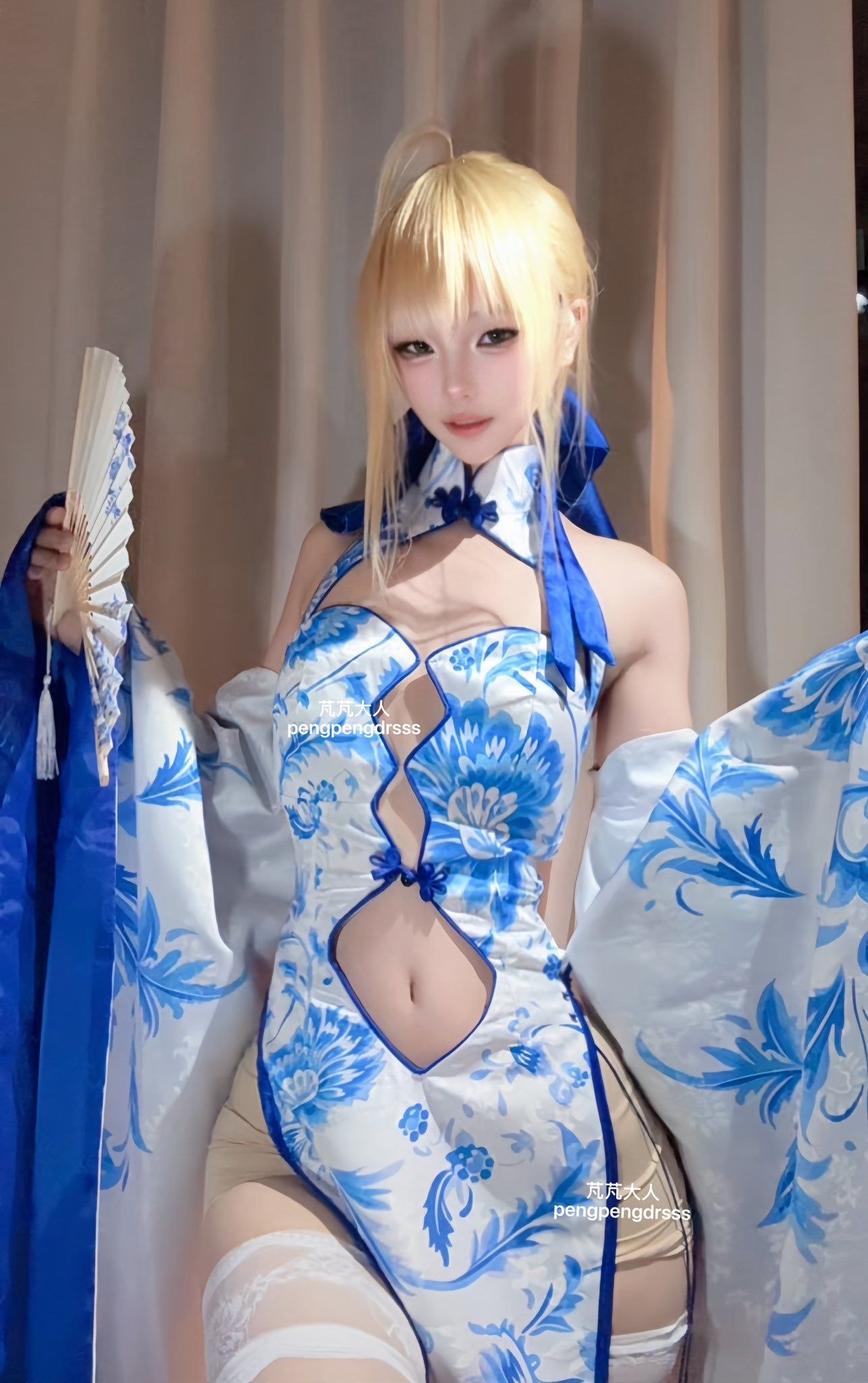 Fate Saber 青花瓷旗袍 白过膝袜 扇子 模拟足交 撸管手势 白眼 盯 倒计时